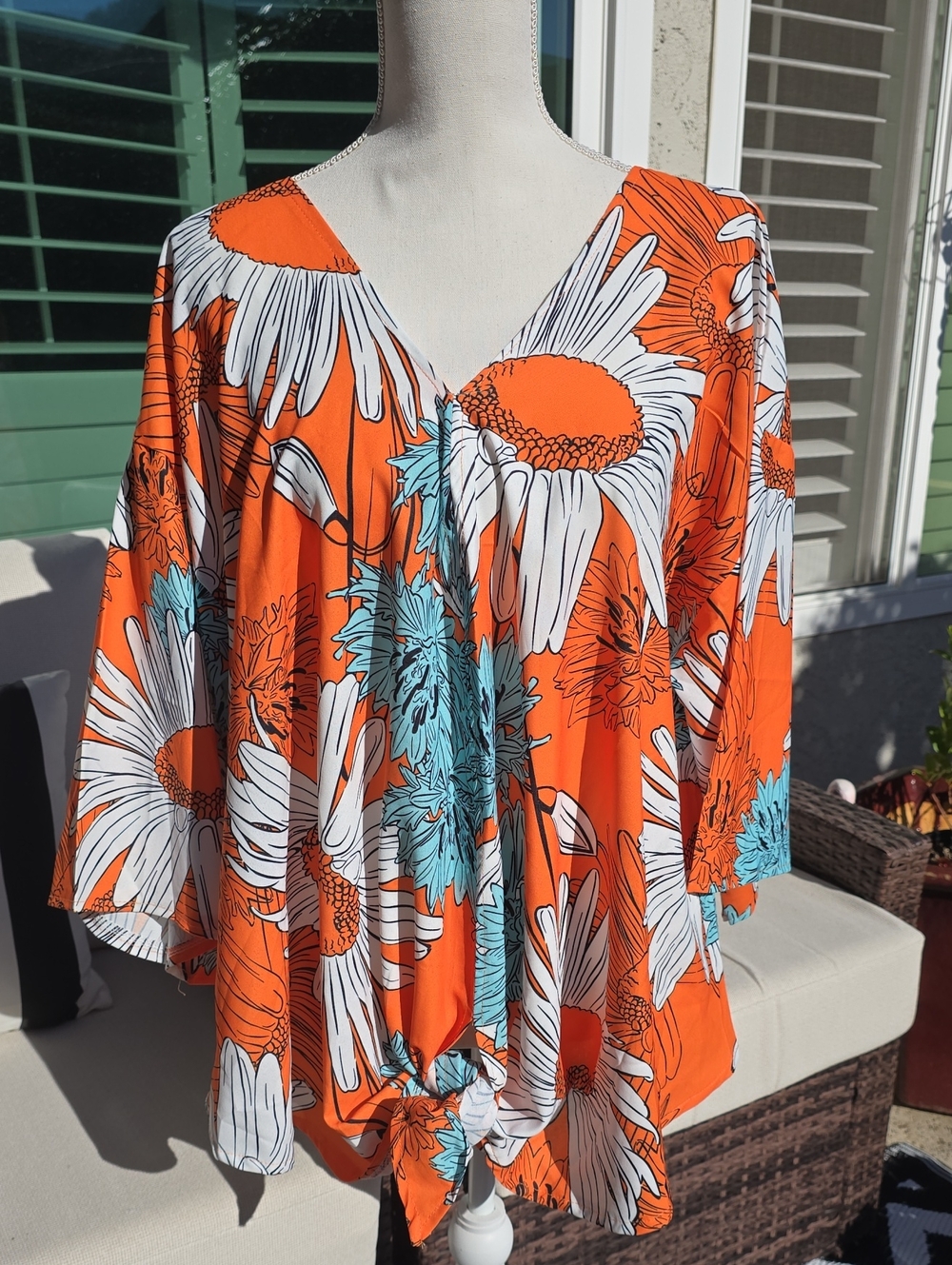 Women's Orange Floral V-Neck Blouse with Tie Front
